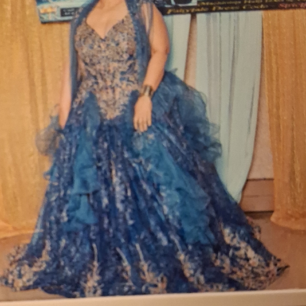 Blue Ruffled Maxi Gown with Embellished Bodice